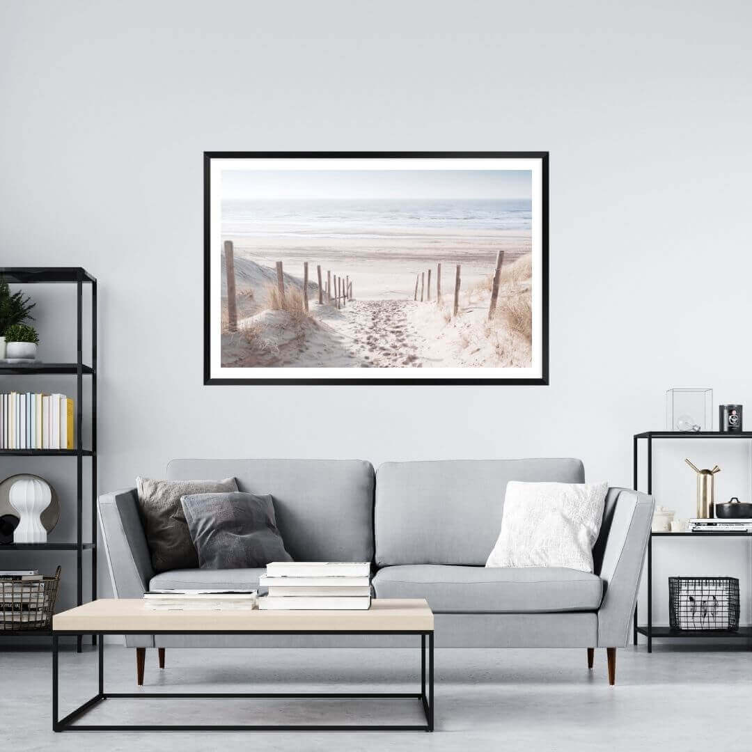 A wall art photo print of a walk on the beach with a black frame or unframed to style your dining living room