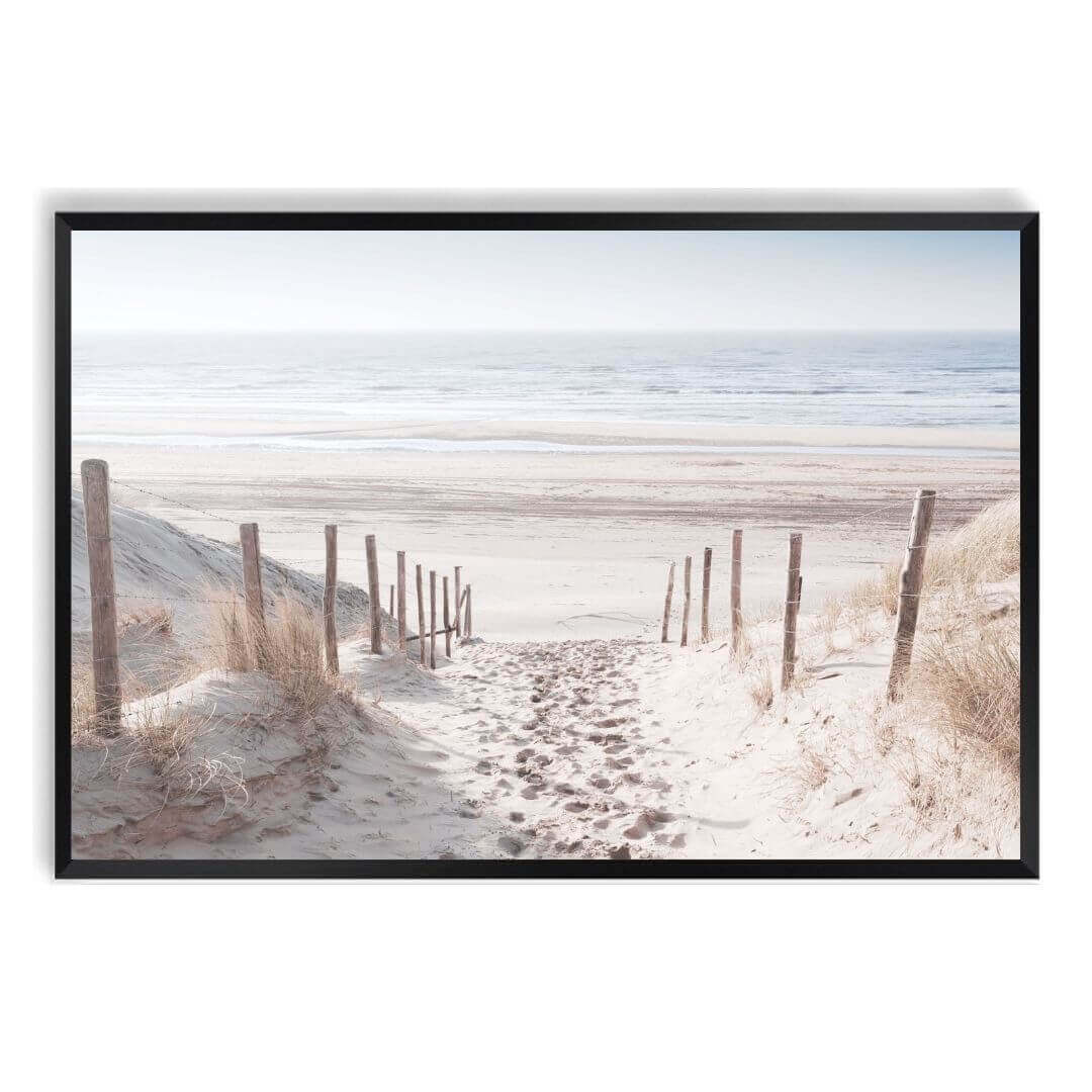 A wall art photo print of a walk on the beach with a black frame, no white border at Beautiful HomeDecor