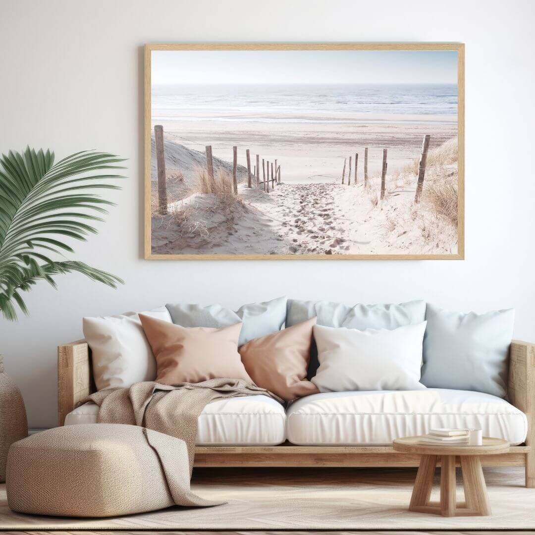 A wall art photo print of a walk on the beach with a timber frame or unframed for your coastal living room behind sofa