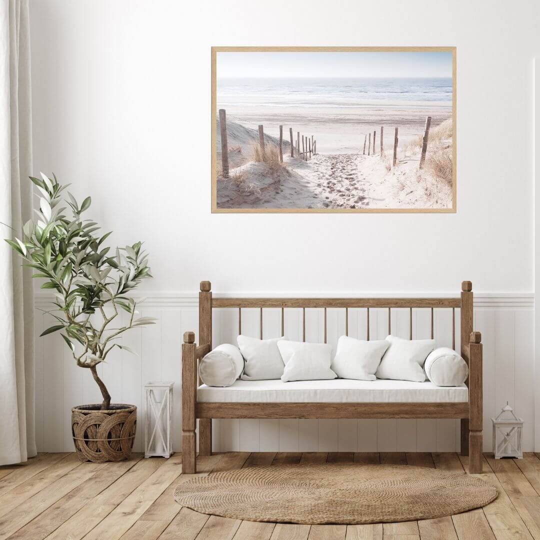 A wall art photo print of a walk on the beach with a timber frame in hallway shop online at Beautiful Home Decor with free shipping