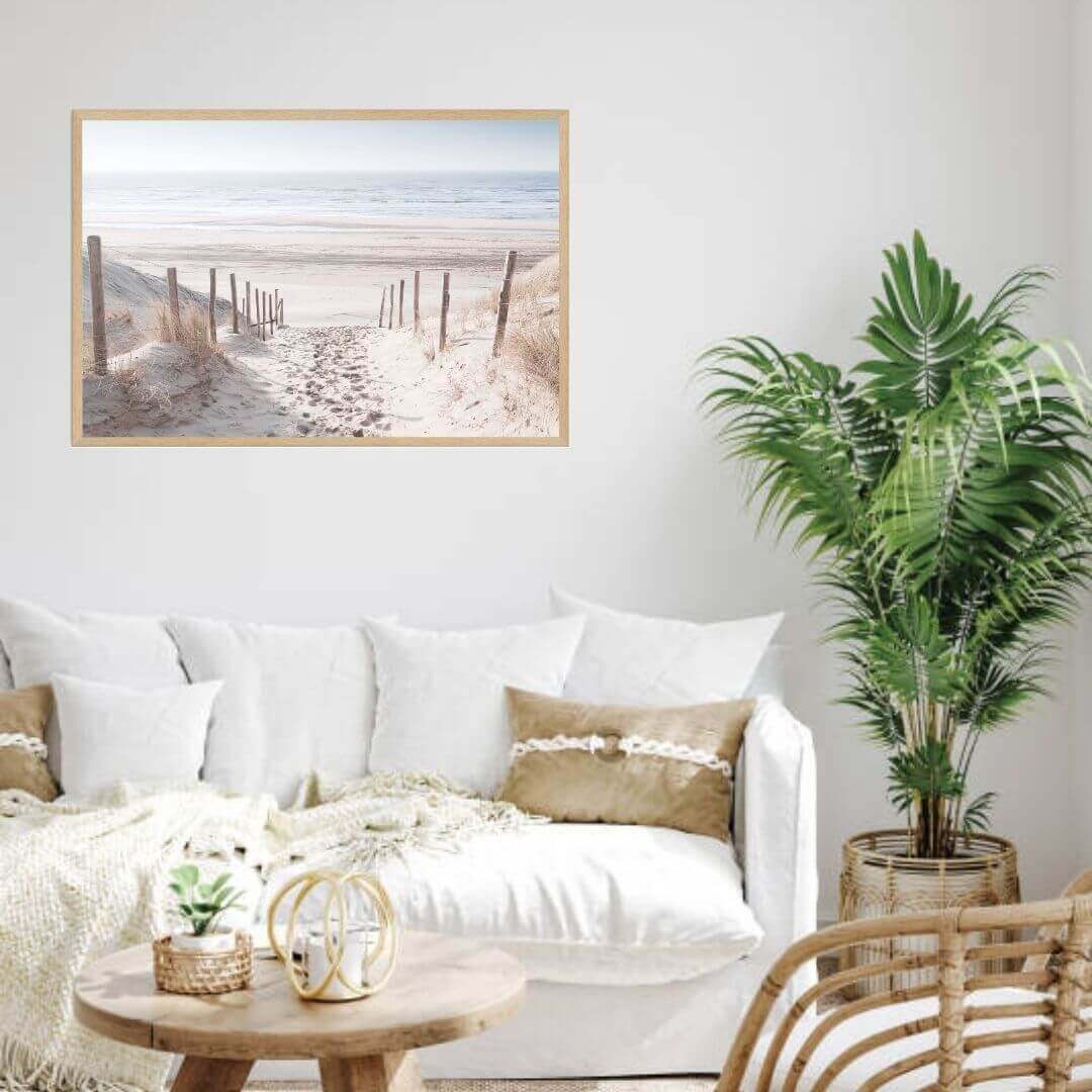 A wall art photo print of a walk on the beach with a timber frame or unframed for you living roomDecor