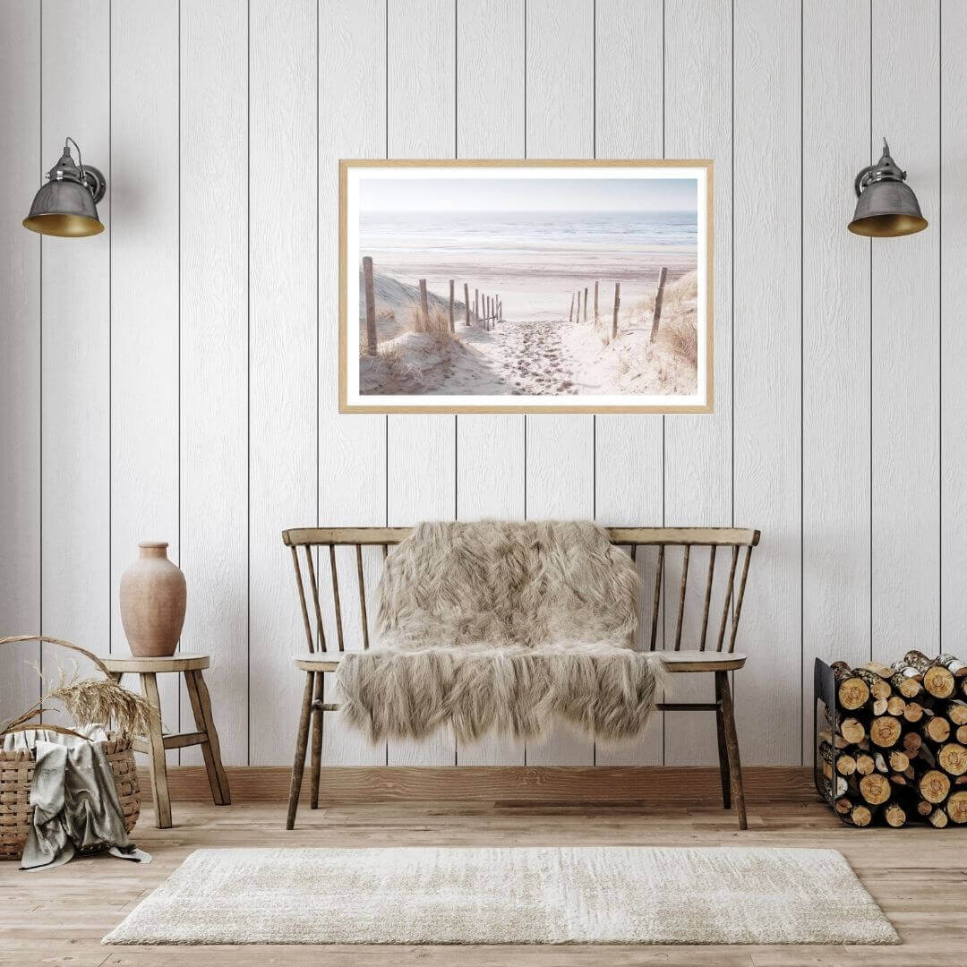 A wall art photo print of a walk on the beach with a timber frame or unframed for your hallway empty walls