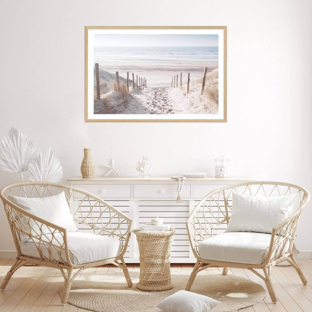 A wall art photo print of a walk on the beach with a timber frame for the living room by Beautiful HomeDecor