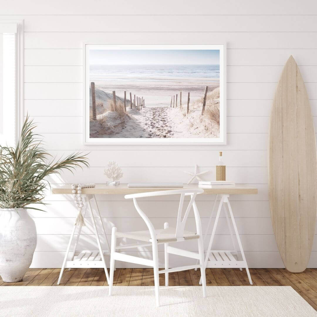 A wall art photo print of a walk on the beach with a white frame or unframed to decorate a wall in your office dining room