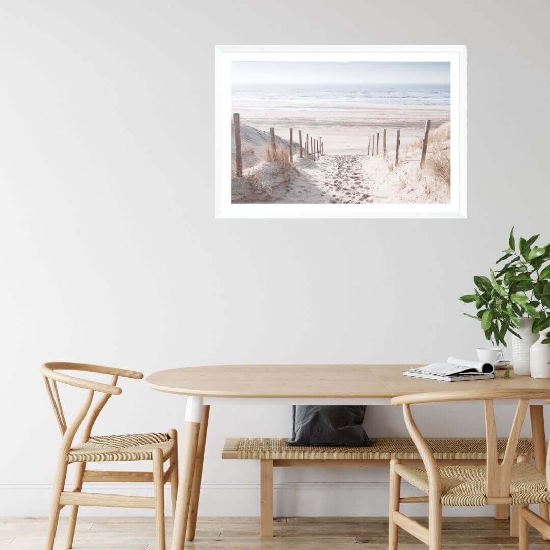 A wall art photo print of a walk on the beach with a white frame for the dining room wall with free shipping