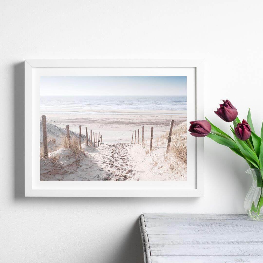 A wall art photo print of a walk on the beach with a white frame or unframed to style shelves and empty walls