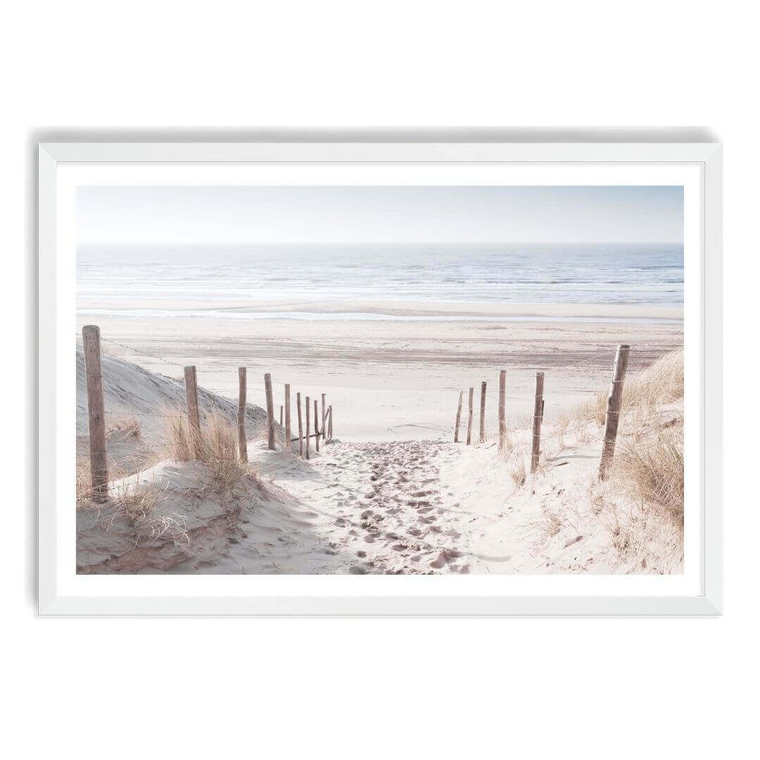 A wall art photo print of a walk on the beach with a white frame, white border by Beautiful Home Decor