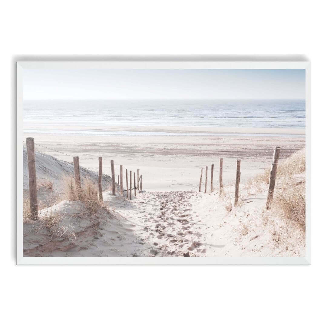 A wall art photo print of a walk on the beach with a white frame, no white border at Beautiful HomeDecor