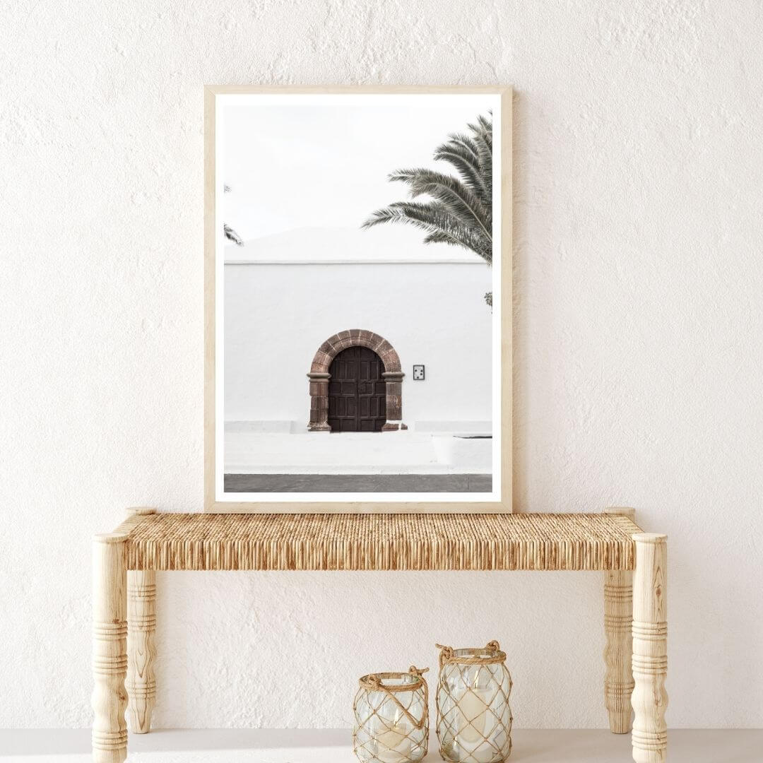 A white Spanish church and door Wall Art Print with a timber frame to decorate your hallway by Beautiful Home Decor