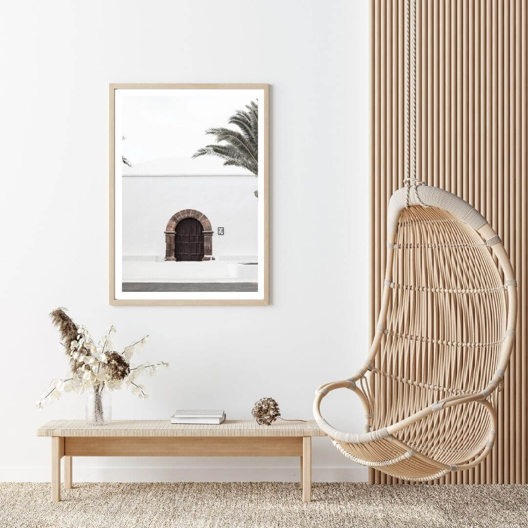 A white Spanish church and door Wall Art Print with a timber frame to style a coastal Australian empty walls.