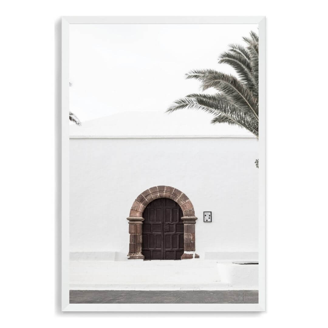 A white Spanish church and door Wall Art Print with a white frame, no white border at Beautiful Home Decor